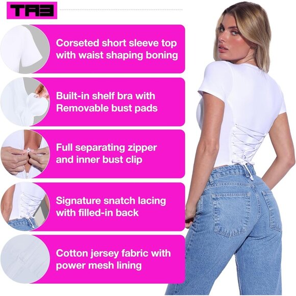 TA3 Short Sleeve Corsety Top for Women Full Separating Zipper  A to H Cup - Picture 2 of 7